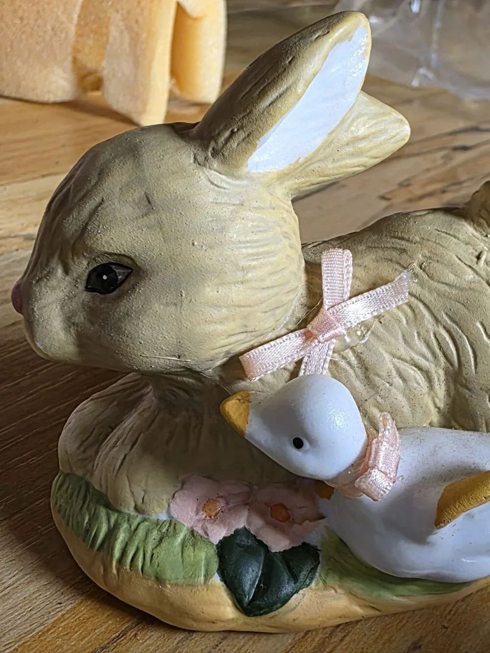 New Vintage Porcelain Rabbit with Duck Figurine - Hand Painted, Pink Accents
